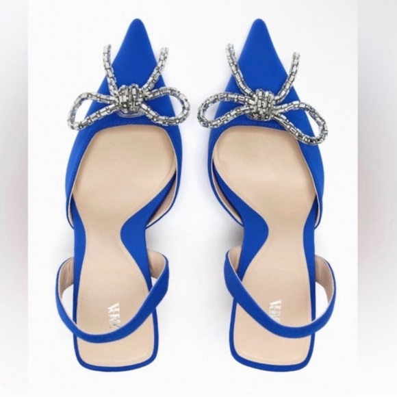 NWT Zara Embellished Bow Heeled Slingback in Blue 7.5 - Picture 4 of 10